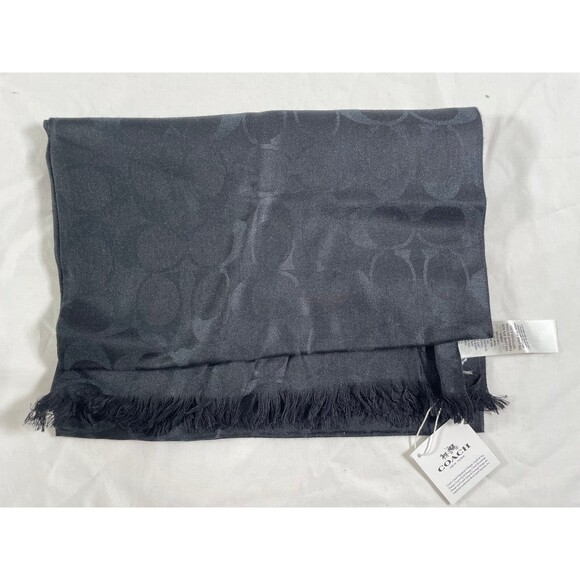 NWT Coach Unisex Black Signature Logo Scarf Wrap 70% Wool 30% Silk - Picture 1 of 5